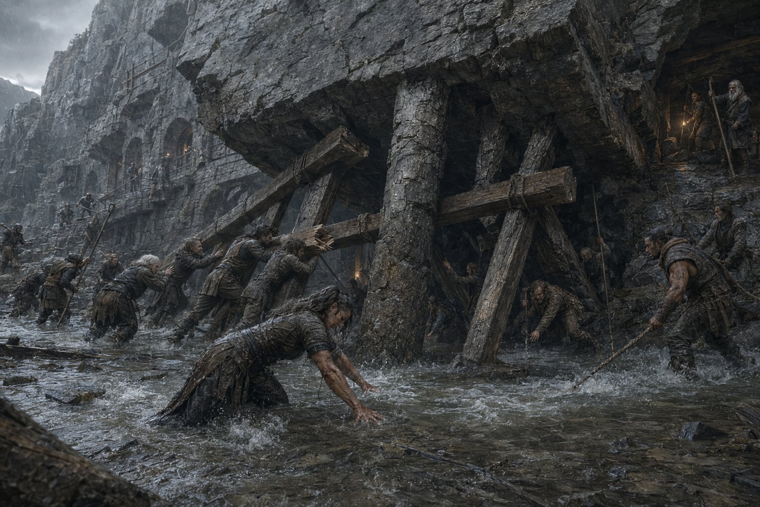 A large group bracing heavy timbers against a flooded stone structure