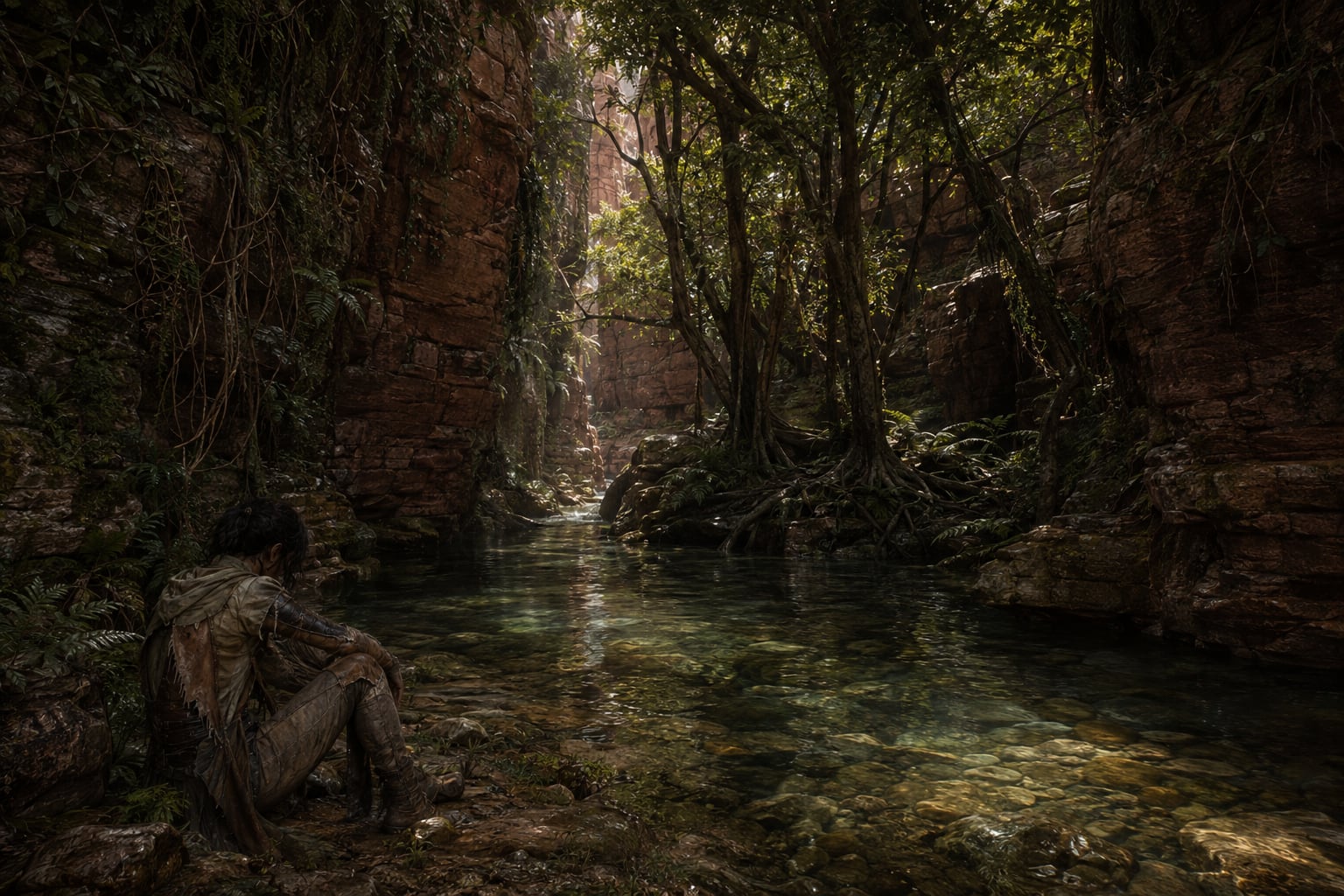 A solitary traveler resting beside a clear pool beneath trees and red canyon walls