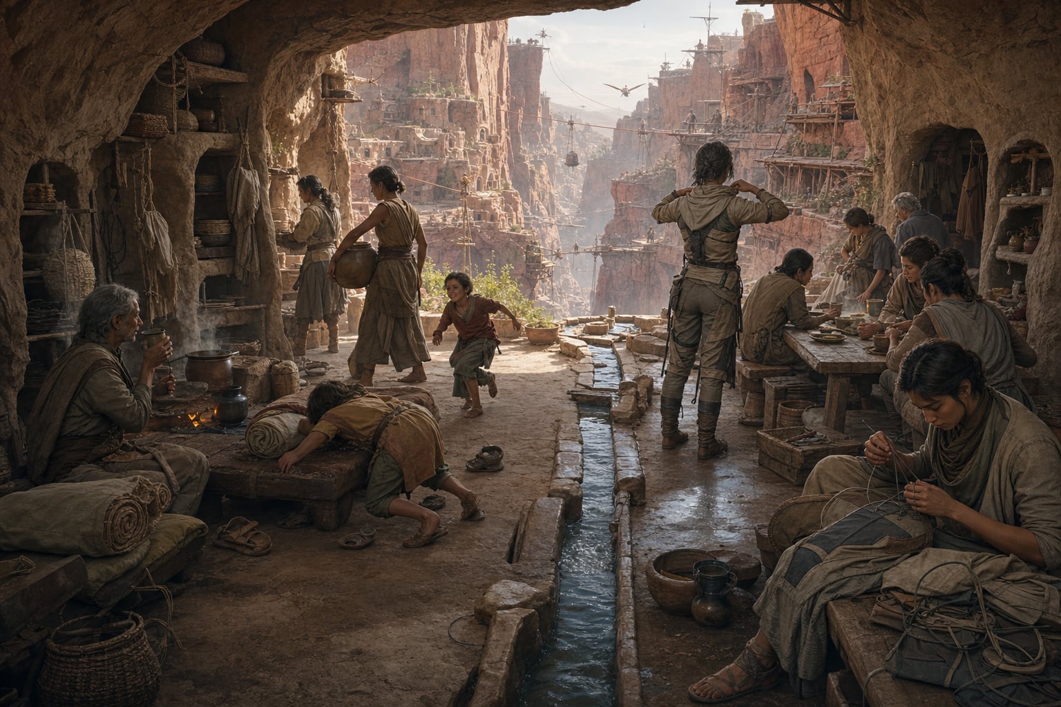 Families working and sharing a meal inside a canyon home overlooking Mazakhal