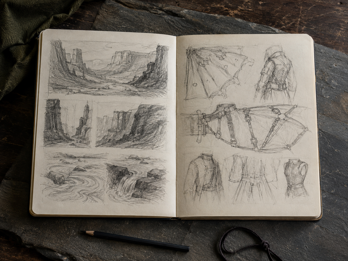 An open sketchbook with graphite studies of canyon landscapes, water, clothing, and flight equipment