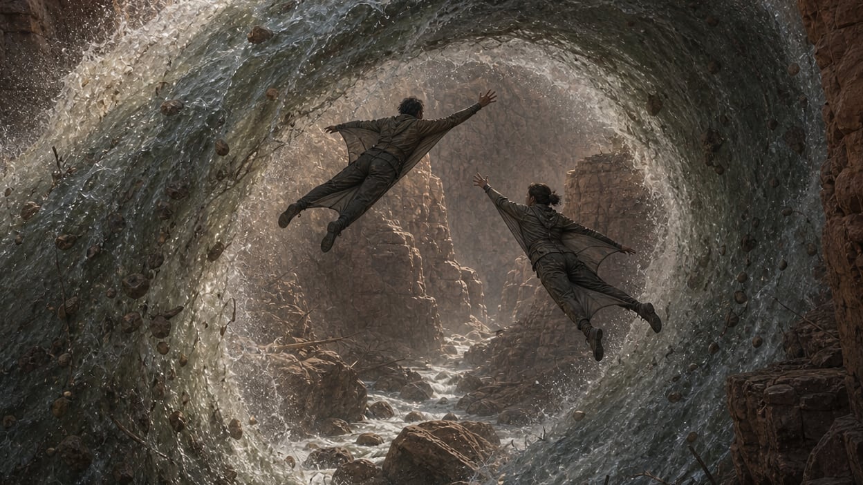 Two airborne flyers framed by a heavy arc of water and debris in a red-rock canyon